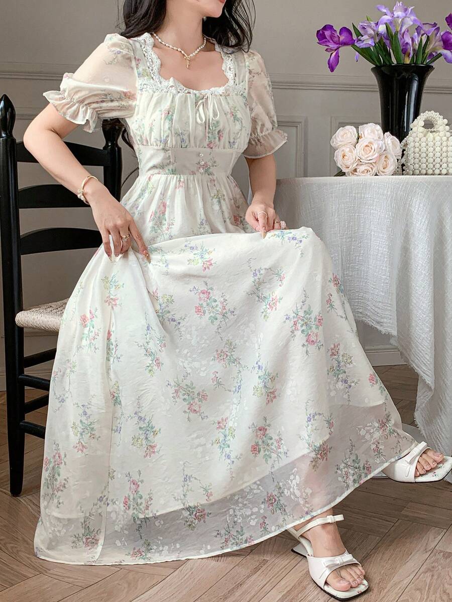 DAZY Abito da donna con stampa floreale completa, colletto quadrato, maniche a palloncino e fiocco