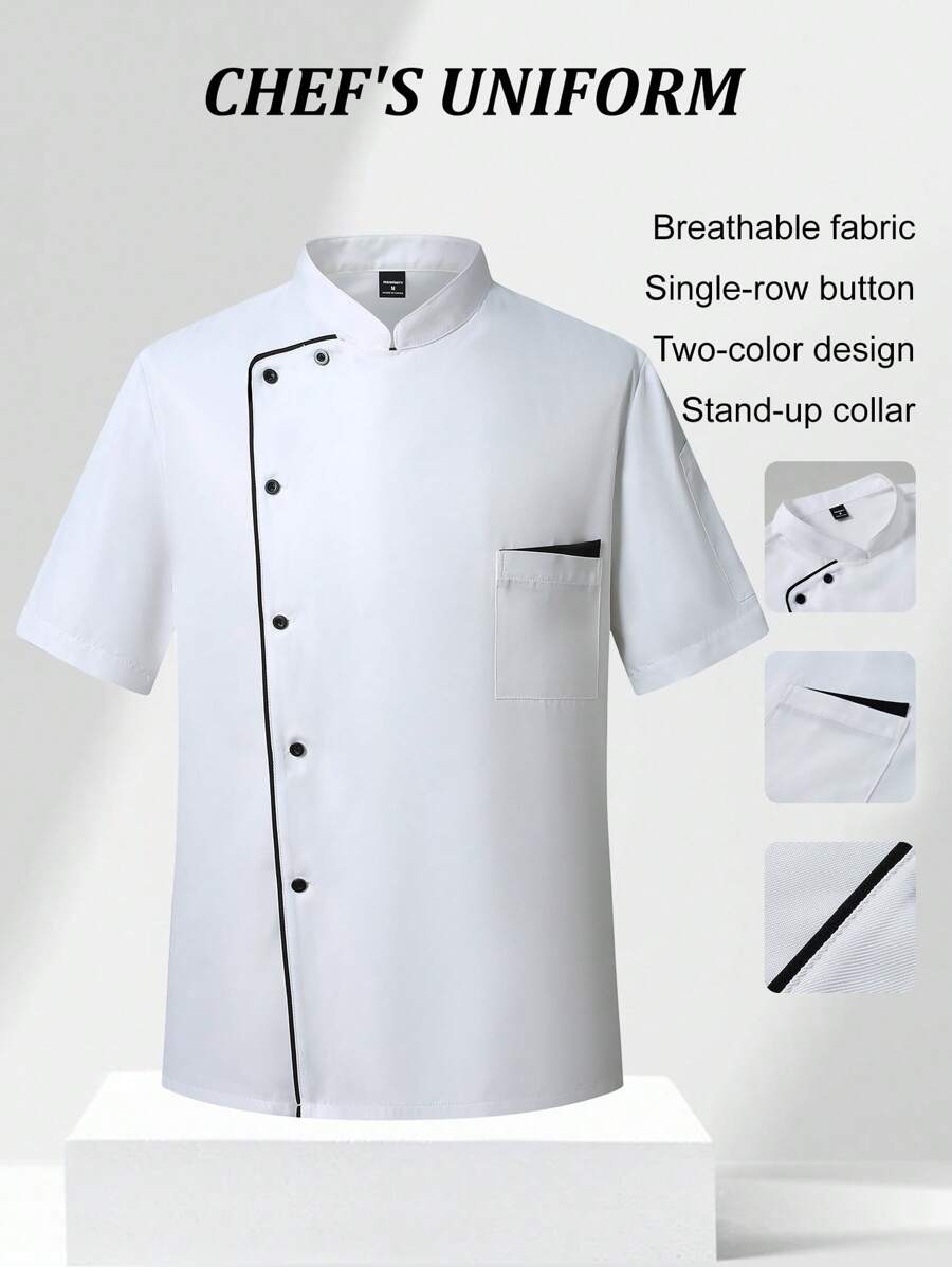 Manfinity Homme Men's Stand Collar Short Sleeve Single-Breasted Chef Shirt For Summer Chef Jacket Men Mens Work Shirts Shirts For Men, Chef Uniform, Chef Coat, Chef Shirts