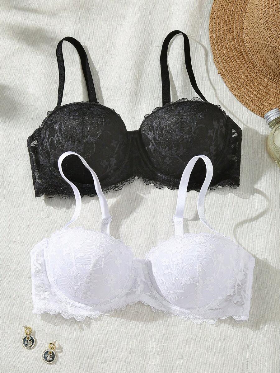 SHEIN 2 piezas Conjunto de sujetador sin tirantes de encaje y sin aros con tirantes desmontables para mujeres, push up multicolor