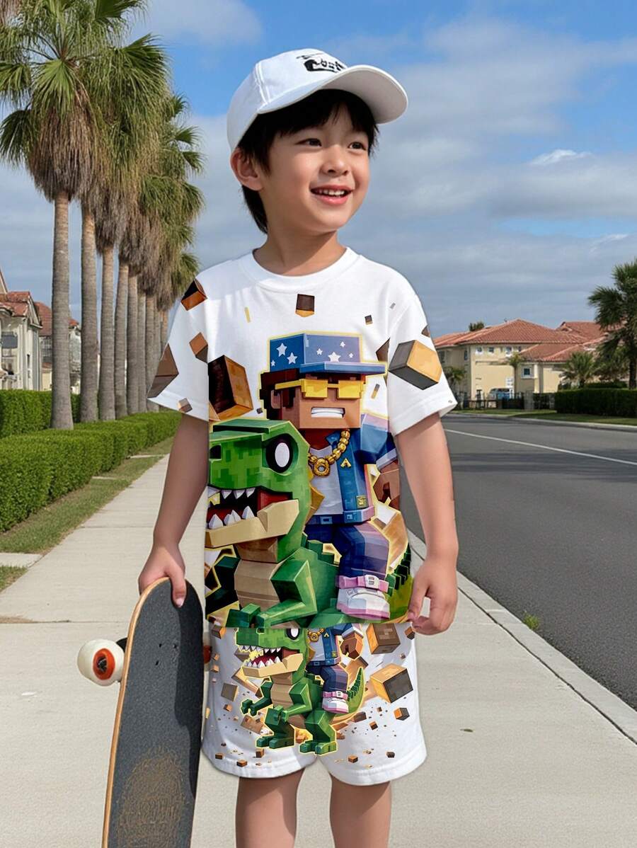 SHEIN Conjunto informal de moda para niño pequeño con camiseta estampada con dinosaurio de dibujos animados y hombre de píxeles, y pantalones cortos a juego - Conjunto coordinado para jóvenes, Traje de 2 piezas para jóvenes adolescentes