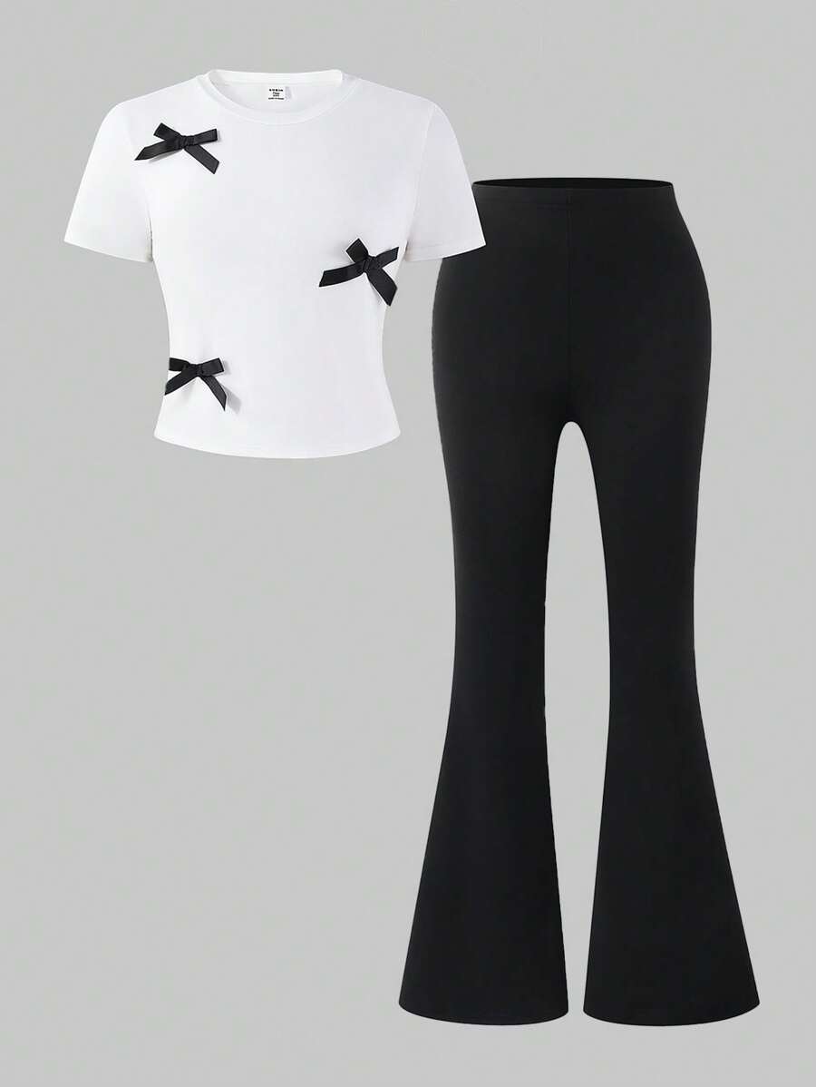 SHEIN Korean Style Bowknot Short Sleeve Top And Flared Pants Outfit, Fashion Casual Set For Teen Girls Suitable For Summer Commute, Leisure, Parties, And Elegant For Wedding Guests