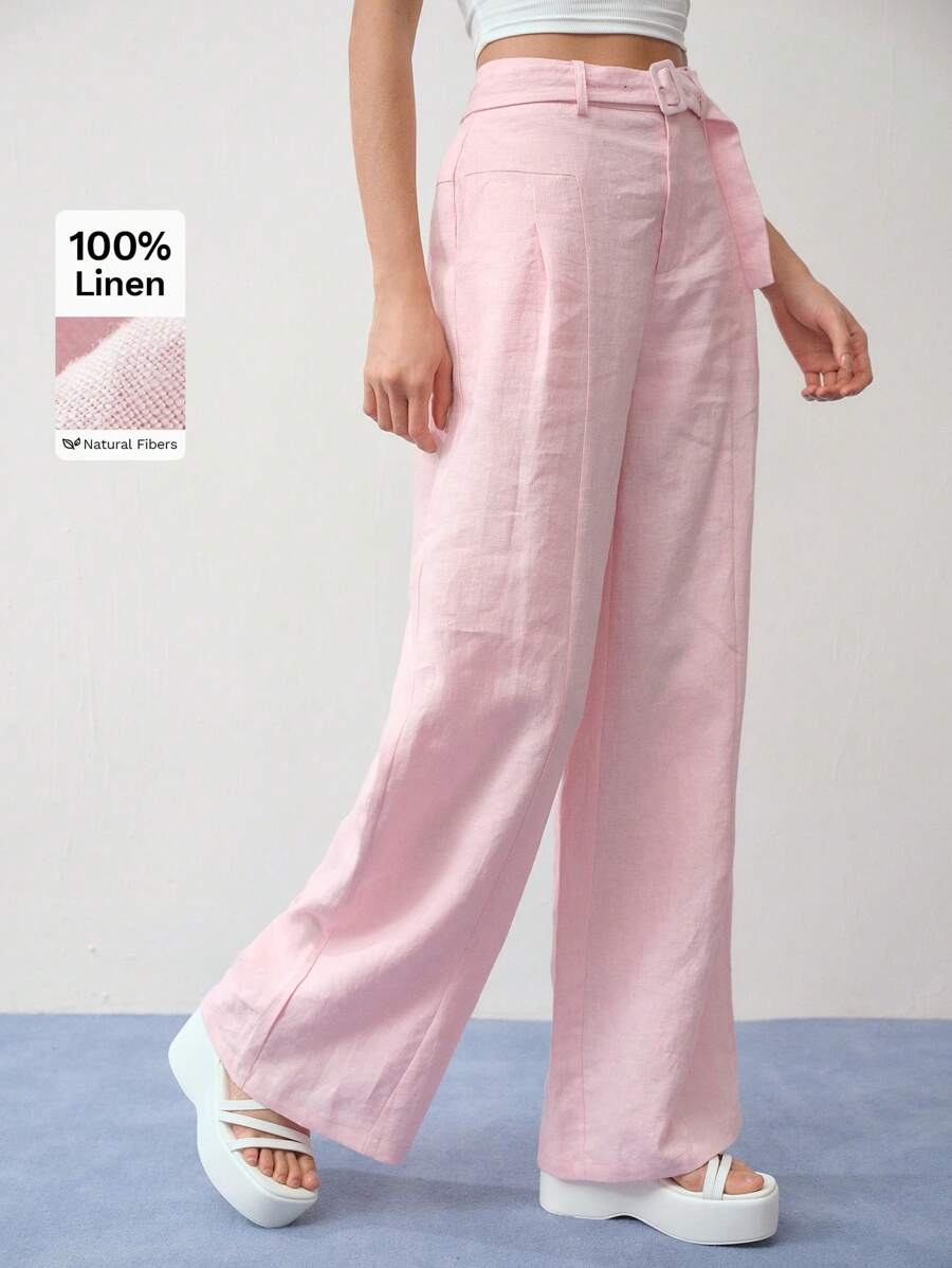 MOTF STUDIO Pantalones anchos de pierna ancha con bolsillos en ángulo, cinturón y pliegues, 100% lino, para uso diario