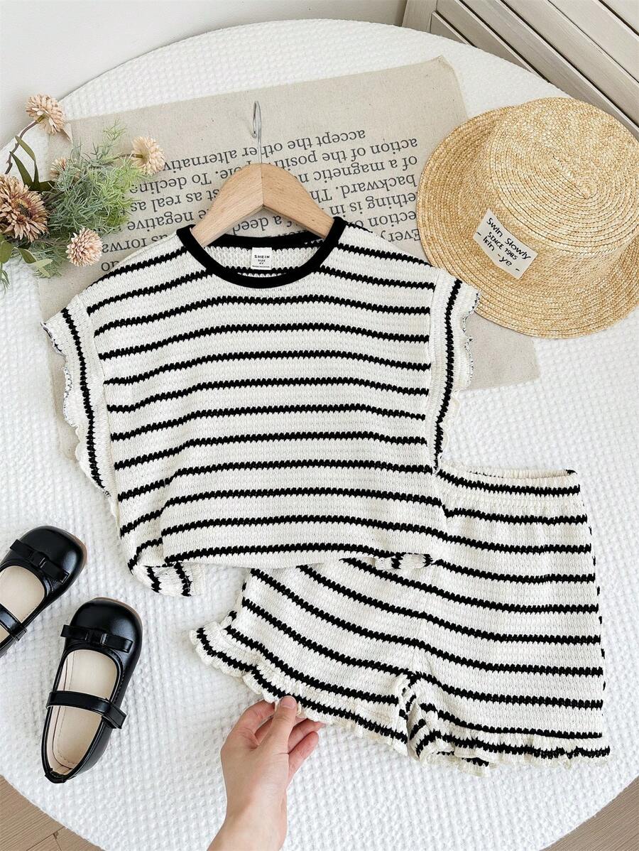 LMoss Kids 2pcs/Set Girls Striped Knit Crew Neck T-Shirt And Shorts Set