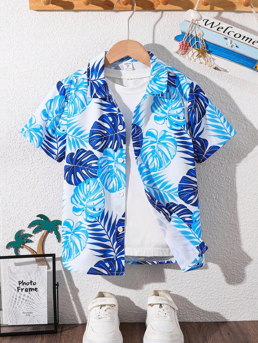 SHEIN Camisa casual de verão com estampa tropical e manga curta para meninos adolescentes, sem camiseta