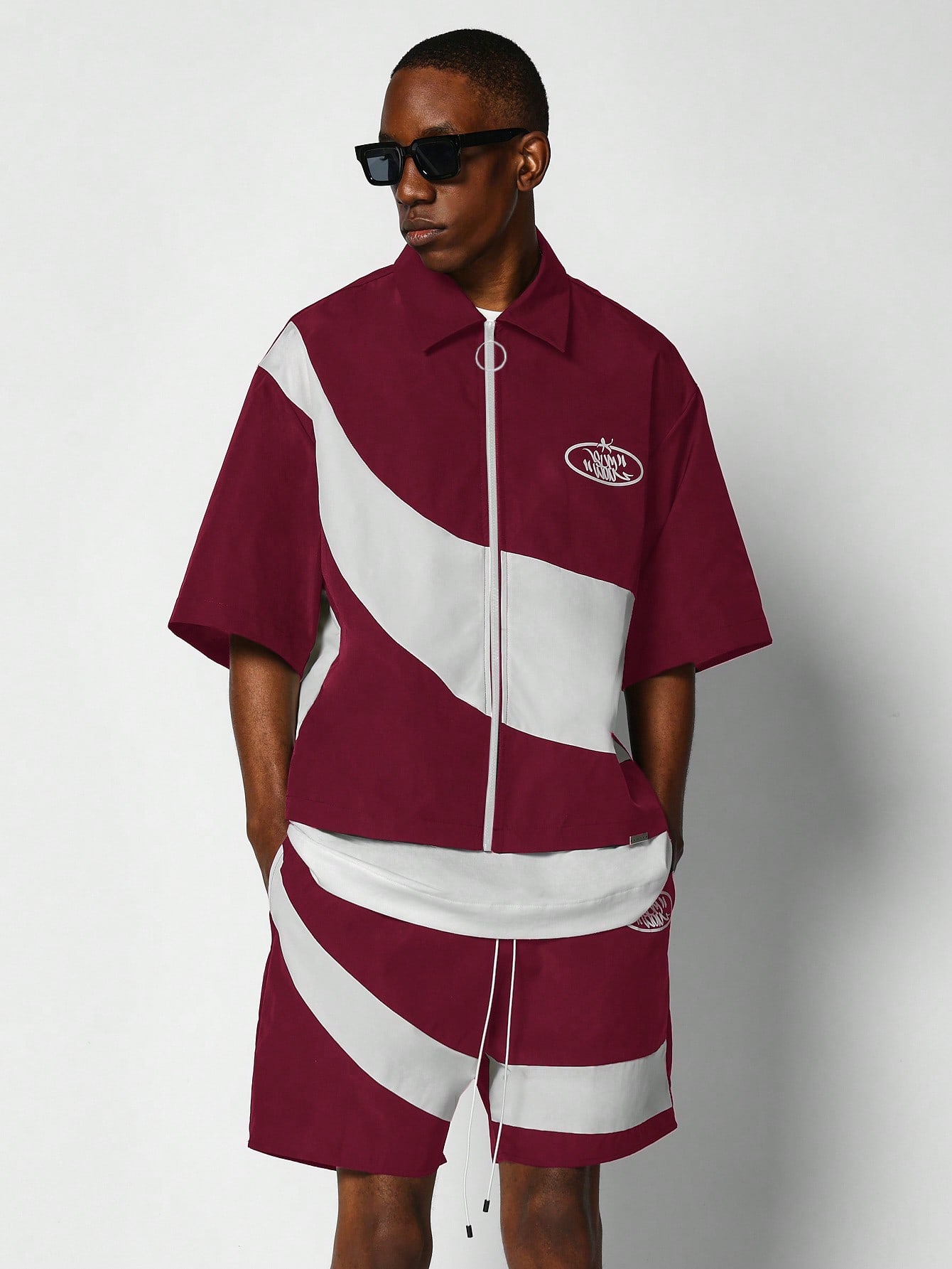 Boxy Fit Zip Through Colour Blocked Short Sleeve Nylon Shirt