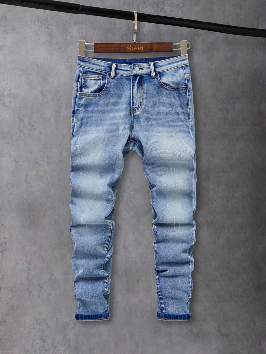 SHEIN Tween Jungen Distressed Vintage Ripped Washed Skinny Blue Boy Jeans mit schräger Tasche, für Frühlings- und Sommerkleidung für Jungen