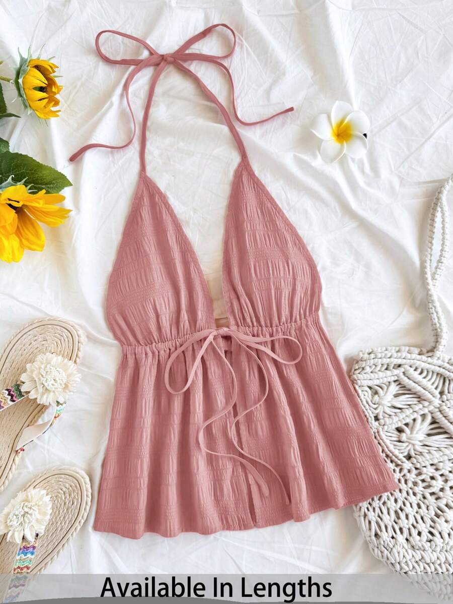 SHEIN PETITE CURVE Débardeur texturé casual à col V avec nœud, dos ouvert, couleur rouge