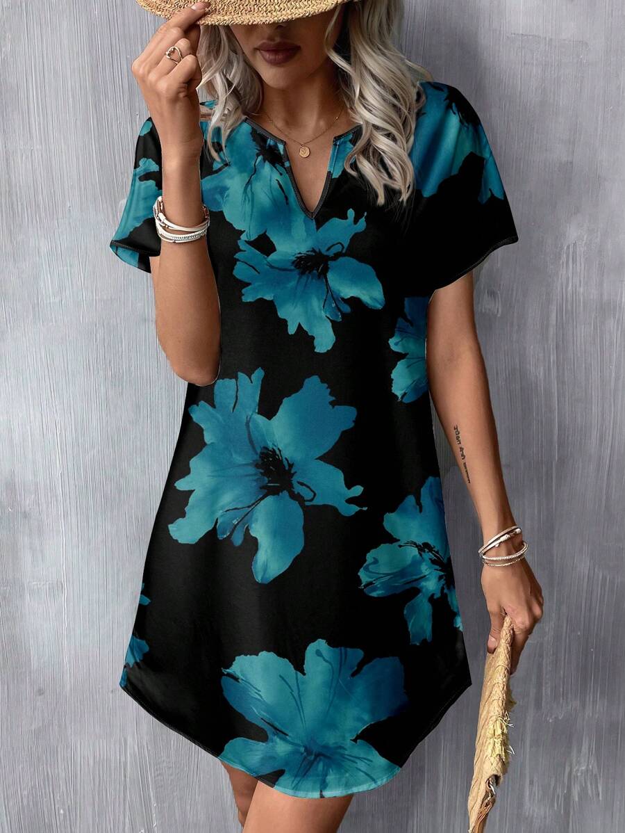 SHEIN LUNE Casual & Simple V-Neck Woven Short Floral Dress, Black Base With Blue Floral Prints, Suitable For Spring & Summer Vacation Dress