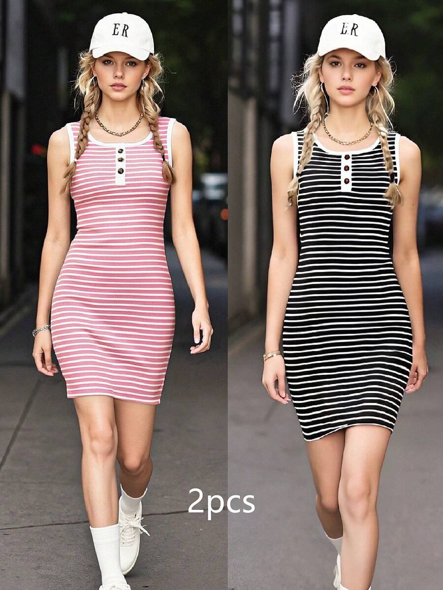 2pcs/Set Striped Dresses For Teen Girls, Includes Striped Dress And Pink Striped Dress
