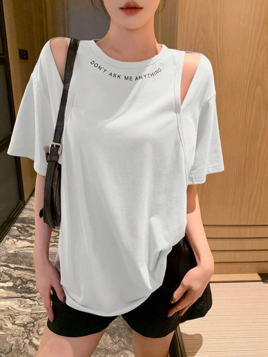 DAZY maglietta estiva casual e ampia da donna, con stampa di slogan e design traforato