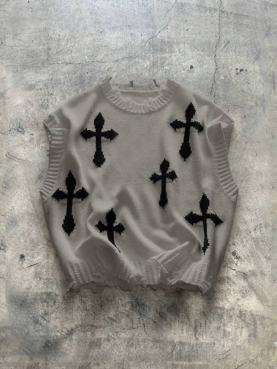 AXEPEAK Chaleco de punto con cuello redondo y dobladillo de remate con estampado de cruz, prenda básica de streetwear para hombres