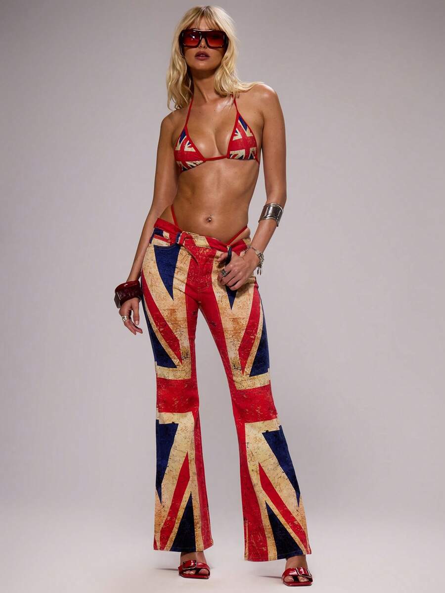 MUSERA Low Rise Asymmetric Waist Fitted Flare Union Jack Trouser Spring, Summer, Holiday, Festival, Rave, Grunge, Cool Girl, Y2K