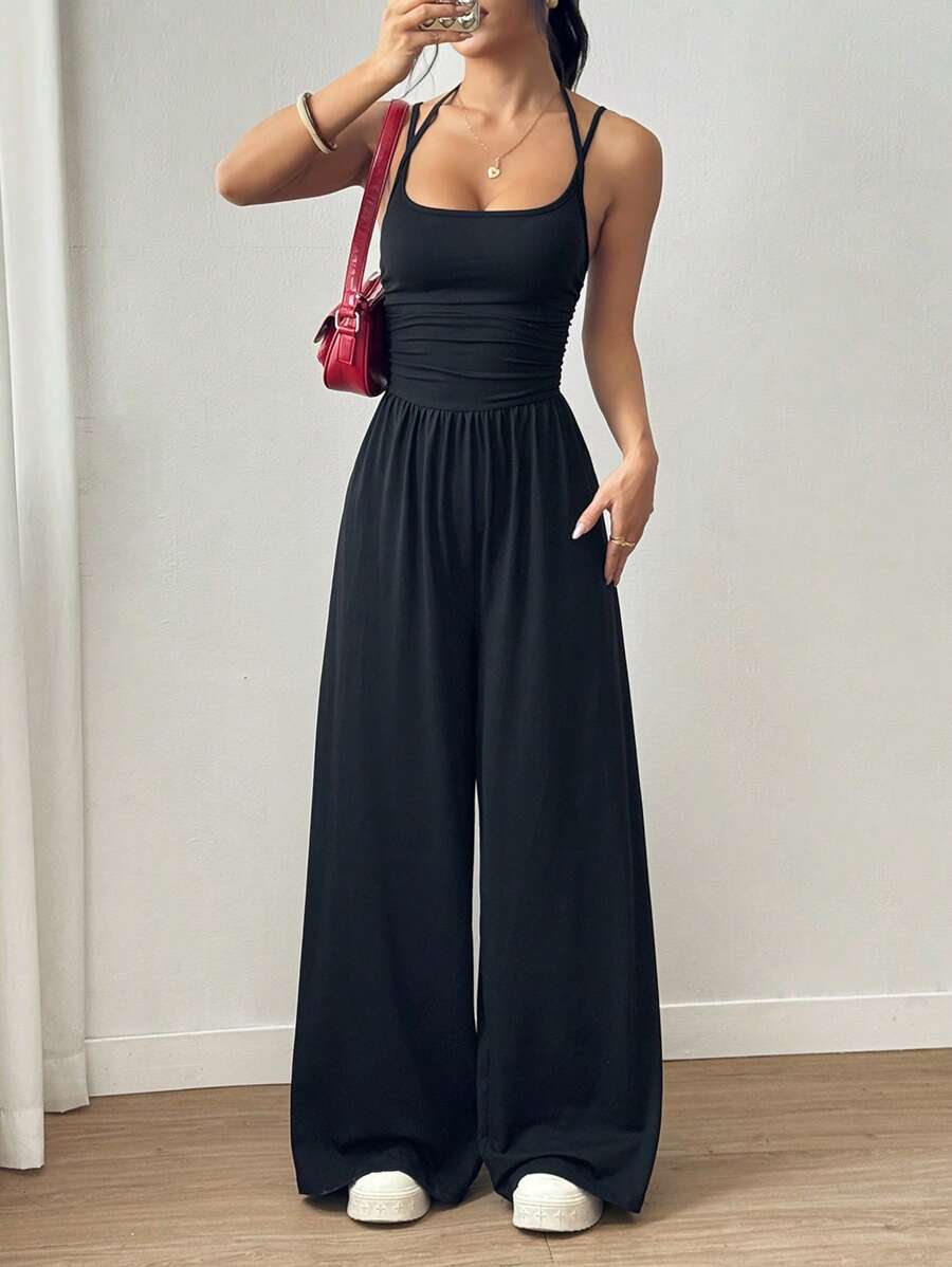 Flirla Tuta donna casual, ampia e dritta con pieghe, con bretelle regolabili, per primavera/estate
