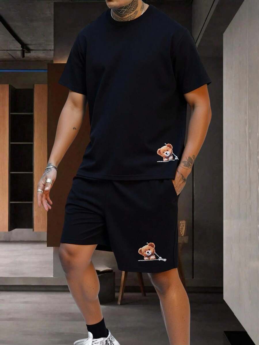 RueChic Set de t-shirt à manches courtes et short avec taille à cordon et poche, imprimé d'ours, coupe regular pour hommes