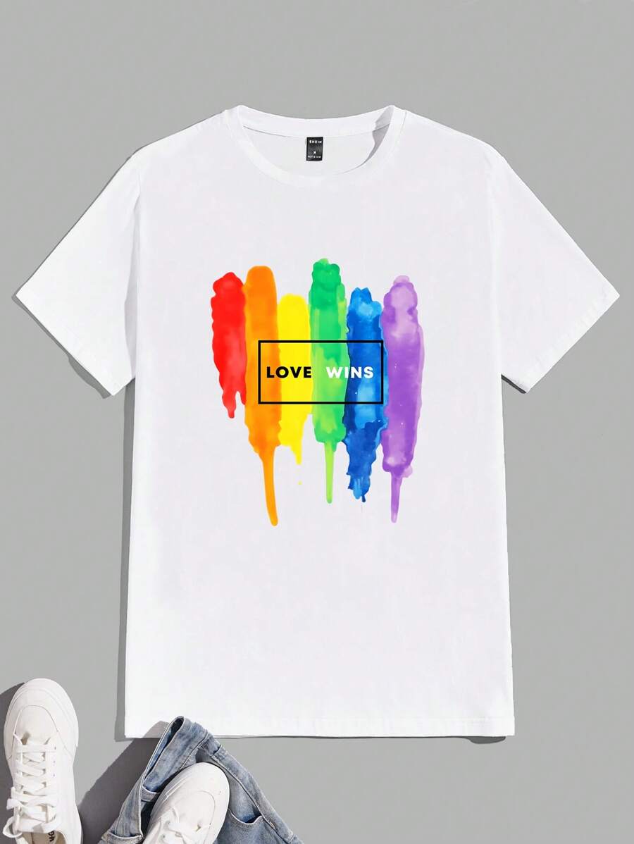 Manfinity Homme Men's Pride Month Pattern Round Neck Short Sleeve T-Shirt, Summer, Love Wins Shirt, Lgbtq Shirt, Gay Pride Shirt
