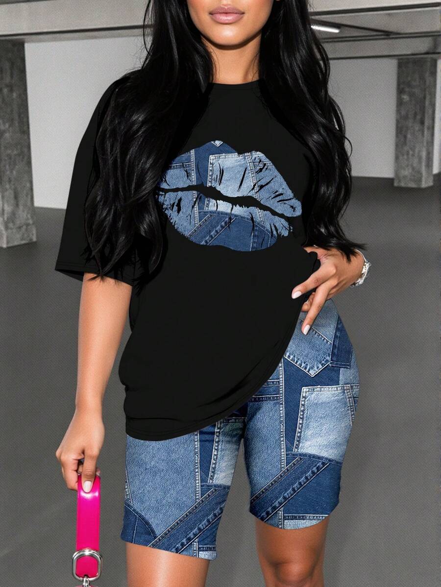 Slaydiva 2pcs Plus Size Casual Minimal Lip Print Set, Suitable For Summer,2 Piece Summer Outfit