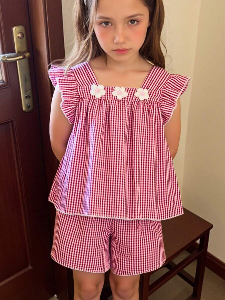 2pcs/Set Teenage Girls Casual Floral & Striped Pattern Comfortable Sleeveless Top And Shorts Set, Summer