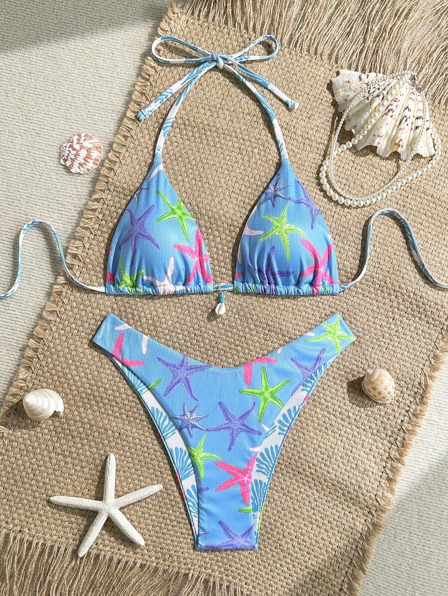 Swim Mod 2pcs Summer Holiday Random Prints Ribbed Texture Seashell Decor Triangle Top And High Cut Bottoms Sexy Bikini Set