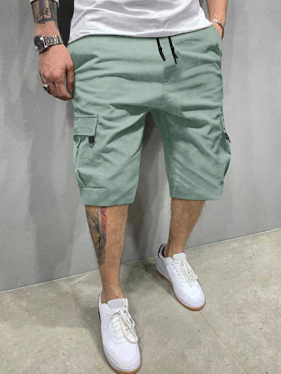 Manfinity Homme Pantalones cortos tipo cargo para hombre de ajuste holgado con bolsillo de solapa y cordón en la cintura