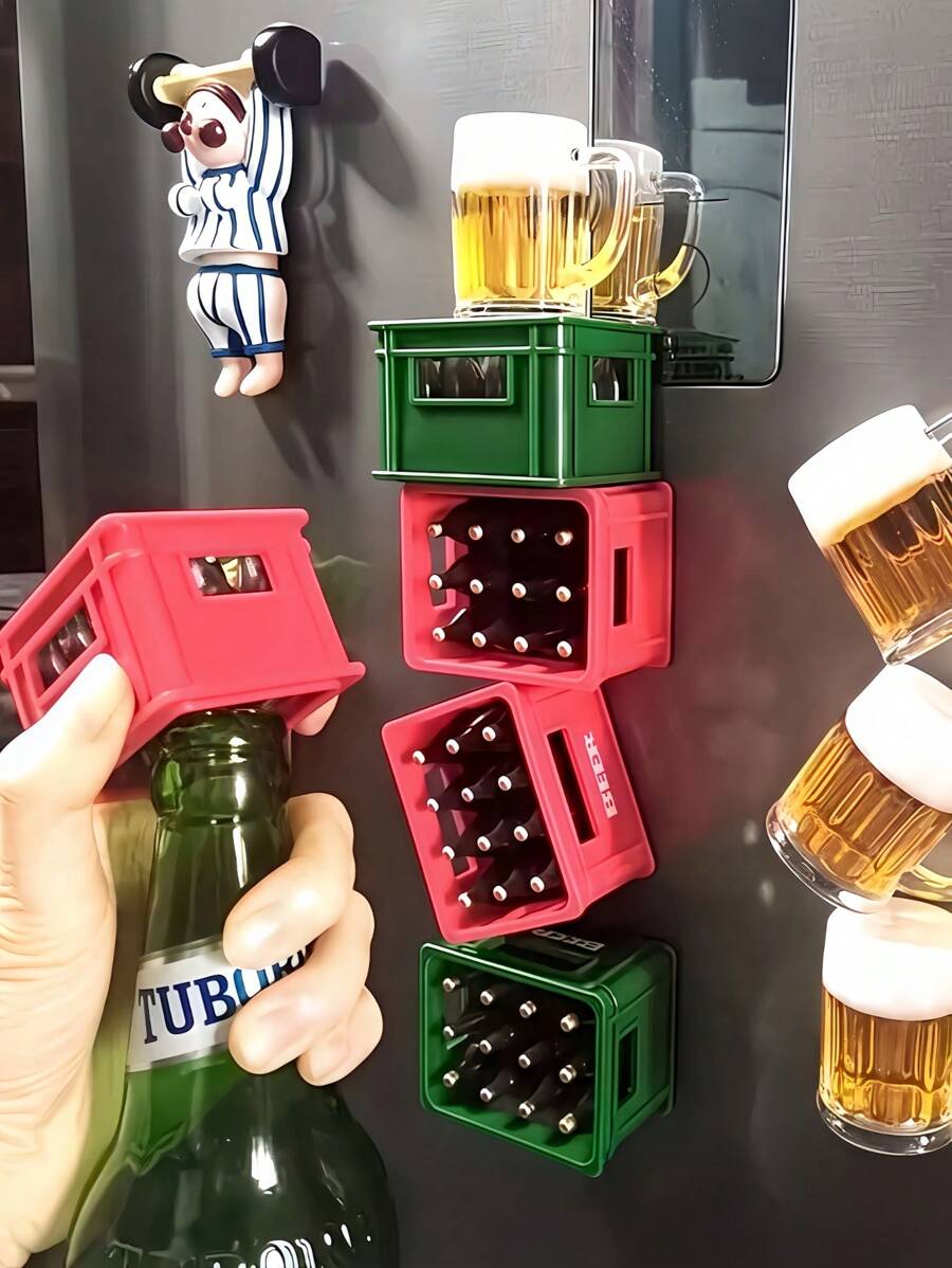 1pc Beer Crate-Shaped Refrigerator Magnet, Soda Bottle Opener, Can Be Beer Bottle Opener , Creative Beer Basket Design, Can Be Used In Home Bars, Parties, Refrigerator Cartoon Stickers,Wedding Season Supplies,Home Decor