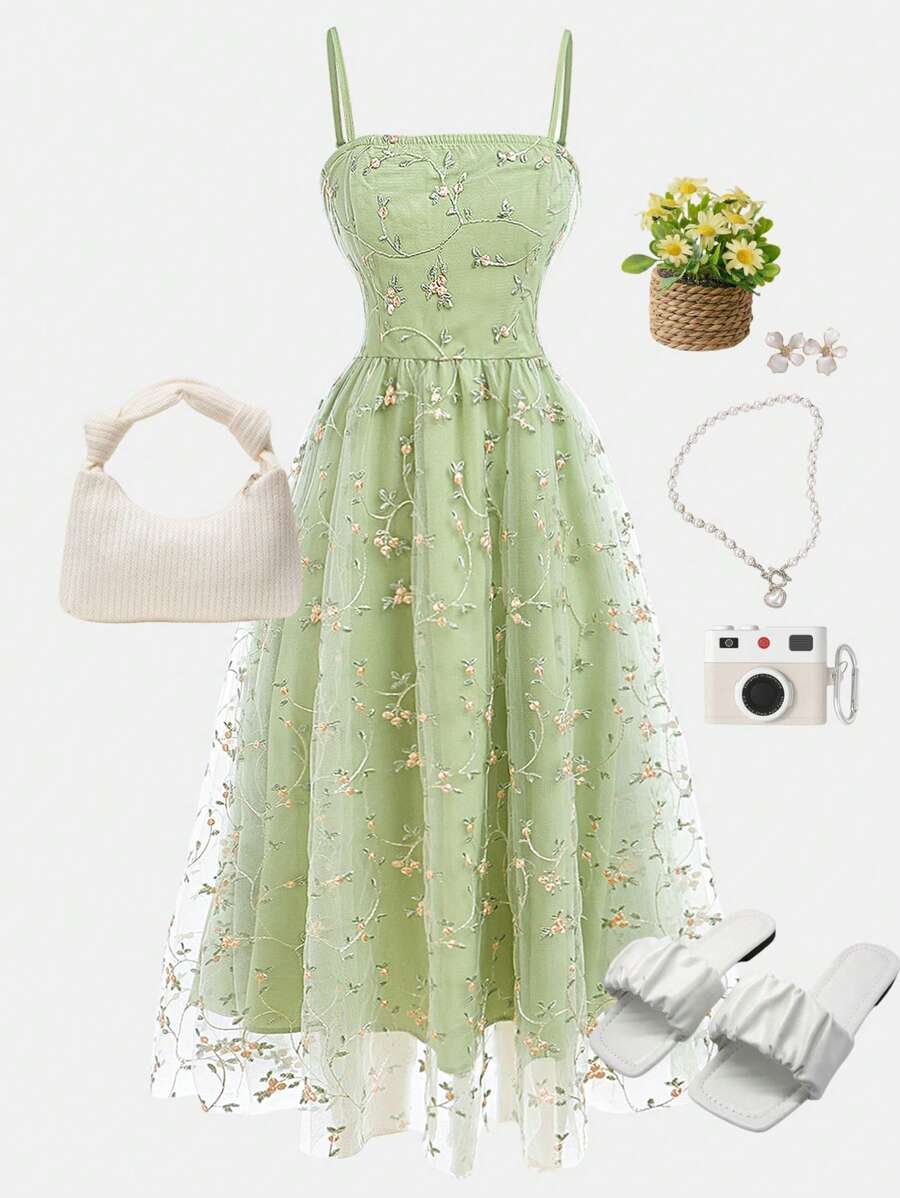 Girlism Vestido camisero verde con bordado floral y malla para adolescentes, vestido de verano, vestido para té, vestido en tonos pastel