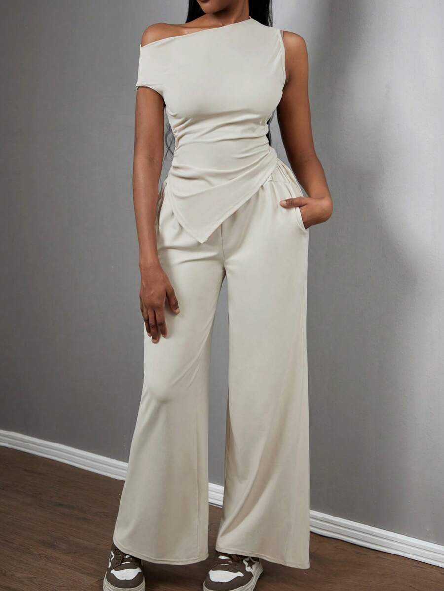 SHEIN 2 pezzi Set di maglietta a spalla obliqua con arricciature elastiche e pantaloni larghi in maglia color albicocca, abbigliamento per ragazze adolescenti
