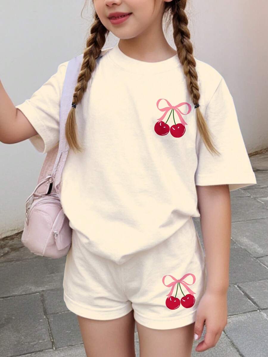 SHEIN 2pcs Set Cute Pink Bow & Cherry Print Tween Girl Casual Simple Short Sleeve T-Shirt And Shorts, Suitable For Summer
