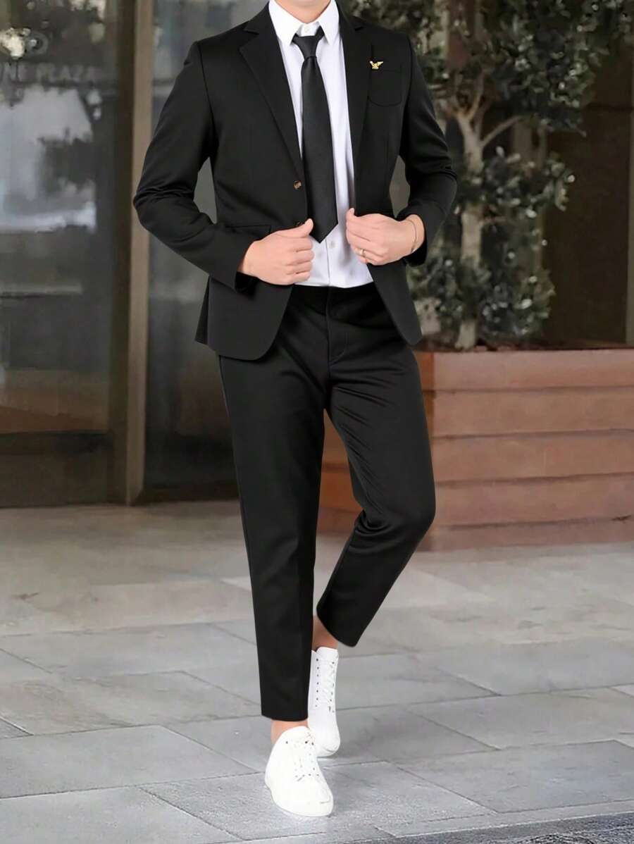 SHEIN 2pcs/Set Teen Boy Gentleman Set - Embroidered Fitted Suit Jacket + Stylish Long Pants, Elegant, , Luxurious Formal Outfit Suitable For Birthday Party, Evening Event, Performance, Hosting, Wedding Season - Birthday, Wedding, Graduation, Wedding, Wedding Guest, Pageboy, Ring Boy