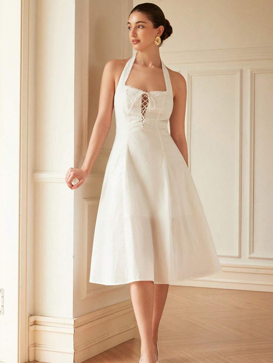 Aveloria Rosie Nuovo abito elegante da donna in stile francese, da vacanza, ampio, tinta unita, scollo quadrato, con inserti in pizzo, fiocco in vita, aderente