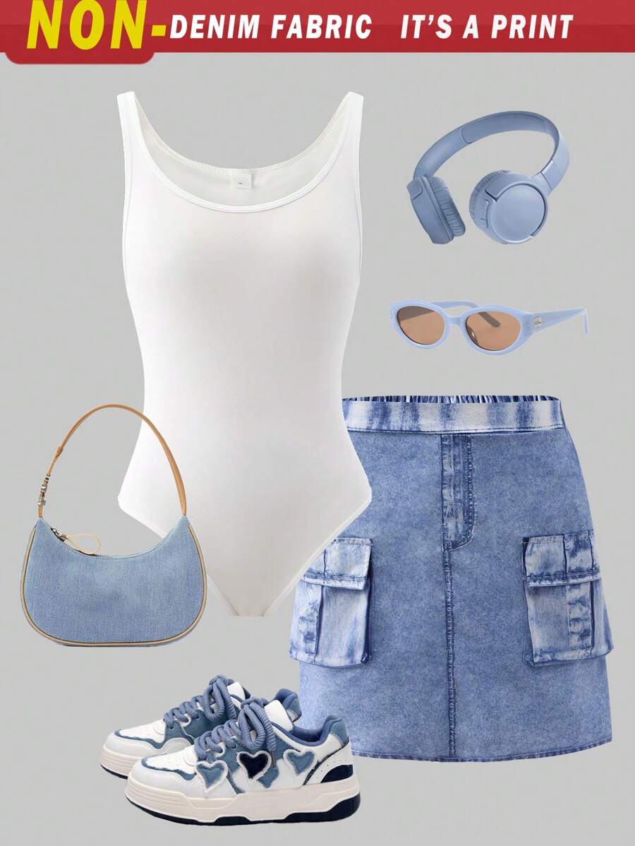SHEIN Set de 2 piezas para chicas preadolescentes: Top de punto de cuello cuadrado de unicolor y mono con tirantes, talla grande falda mini estilo denim con estampado de teñido anudado en azul, conjunto de verano