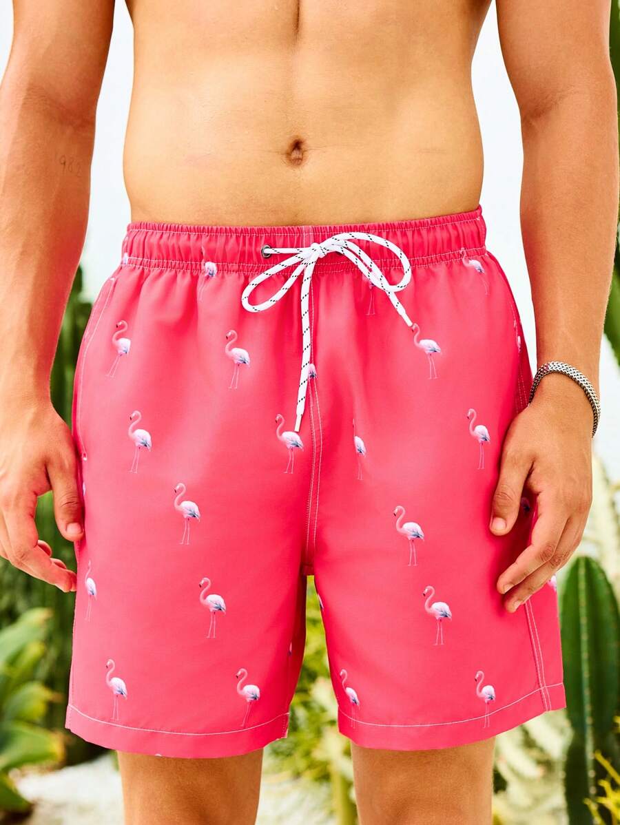 Manfinity Men's Flamingo Print Drawstring Waist Loose Beach Shorts, Hawaiian