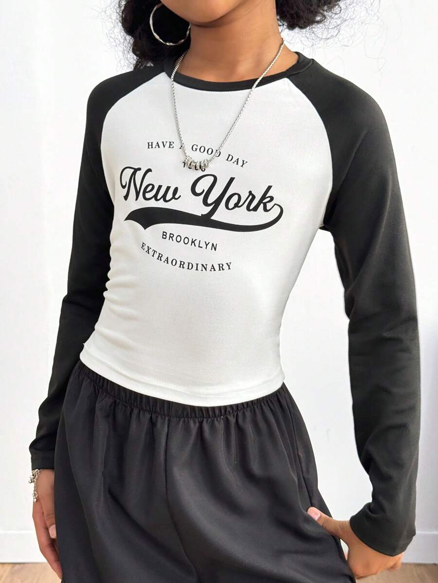 SHEIN Tween Girl Casual Raglan Sleeve Colorblock Letter Print Crop Top T-Shirt