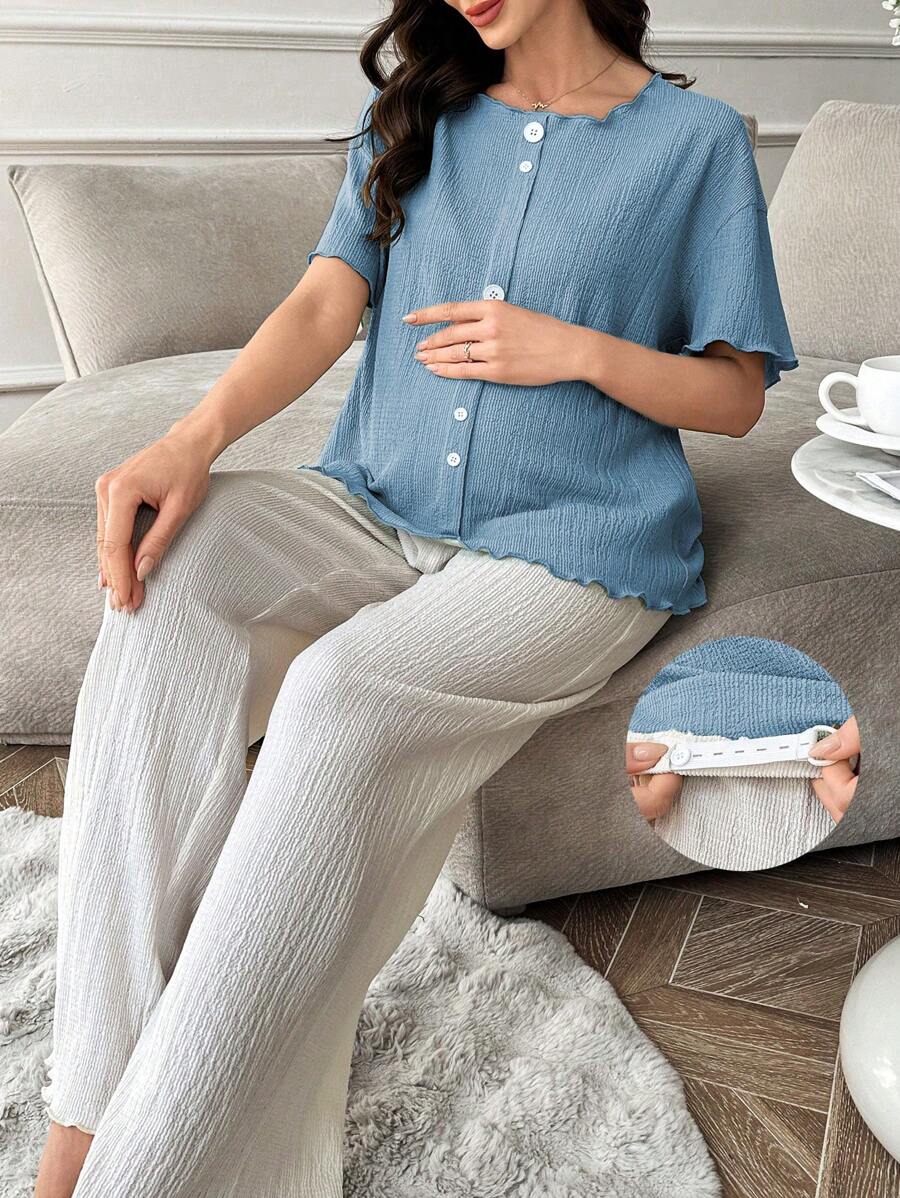 Solid Color Asymmetrical Button Short Sleeve & Pants Maternity Pajama Set