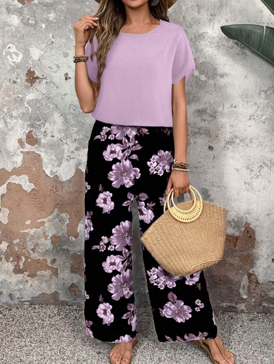 EMERY ROSE 2 pièces/set Femmes Ensemble assorti casual à motif floral, coupe slim, pour le printemps/été