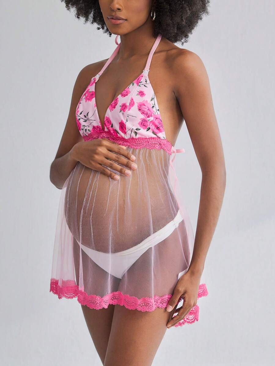 Camiseta de maternidad con triángulo de copa transparente y románico floral, copa plegable con encaje y parches en rosa, adecuada para el embarazo, la lactancia, las vacaciones y sesiones fotográficas