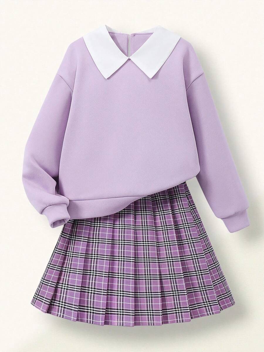 SHEIN Conjunto de falda y sudadera con cuello polo 2 en 1 para niña preadolescente