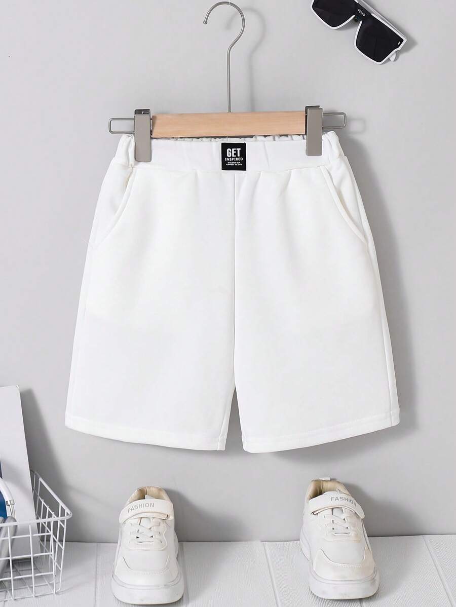 SHEIN Tween Boy Casual Comfortable Patched Solid Color Five-Pocket Cargo Shorts