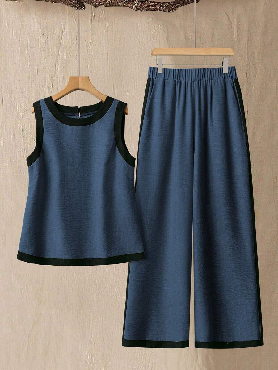 Linhara Women's Plus Size Black Color Block Round Neck Sleeveless Short Top And Wide-Leg Pants Two Pieces Set For Holidays & Casual Wear, Spring/Summer, Loose Fit