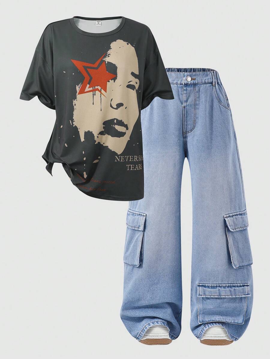SHEIN Meisjes & tieners portret print ronde hals korte mouw T-shirt