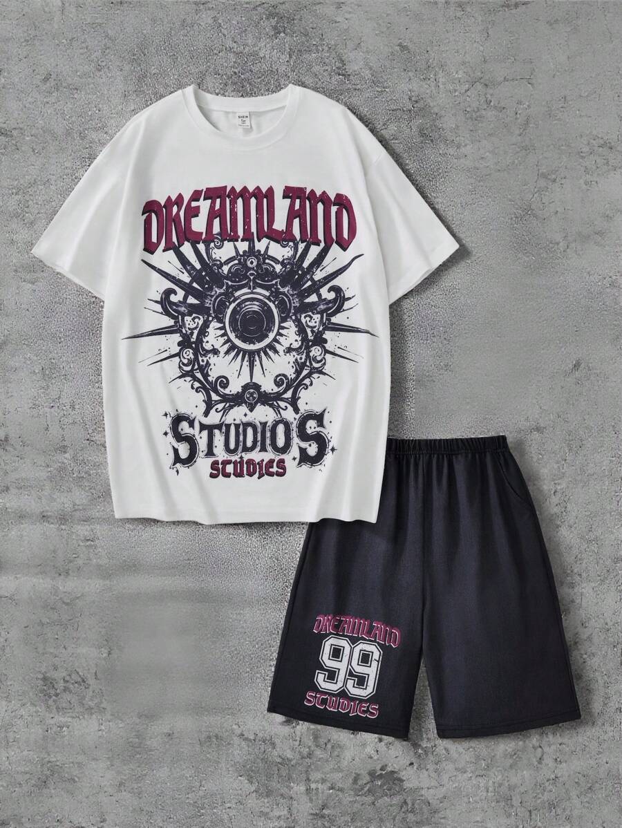 2pcs/Set Teenage Boys' Fashion Print Casual T-Shirt And Distressed Shorts Set