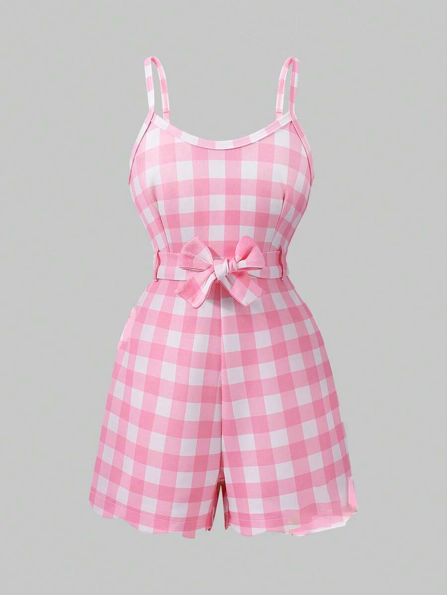 SHEIN Mono de cuadros rosas con estilo chic para niñas preadolescentes, adecuado para uso casual y playa