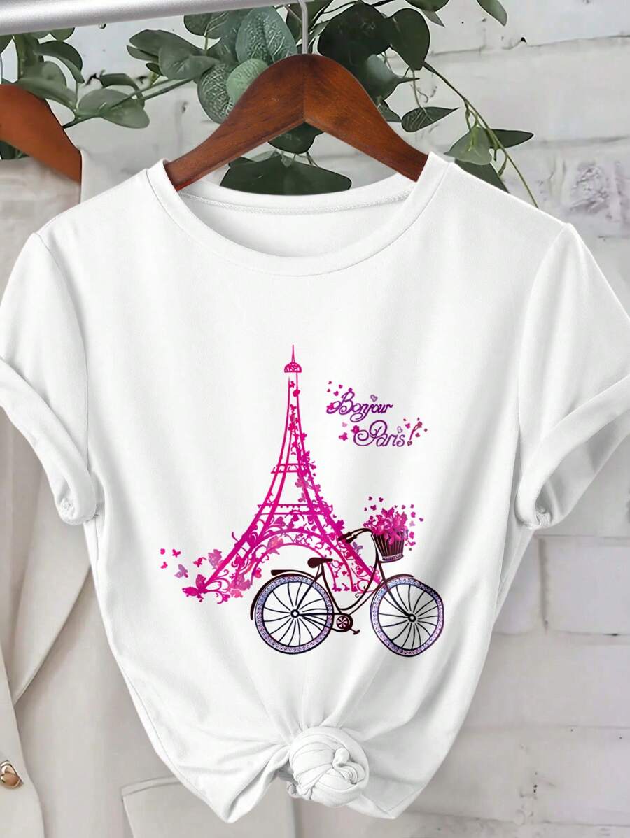 INAWLY Flower, Eiffel Tower, And Bicycle Printed Women's Casual Round Neck Short Sleeve T-Shirt Graphic Tees Women Tops