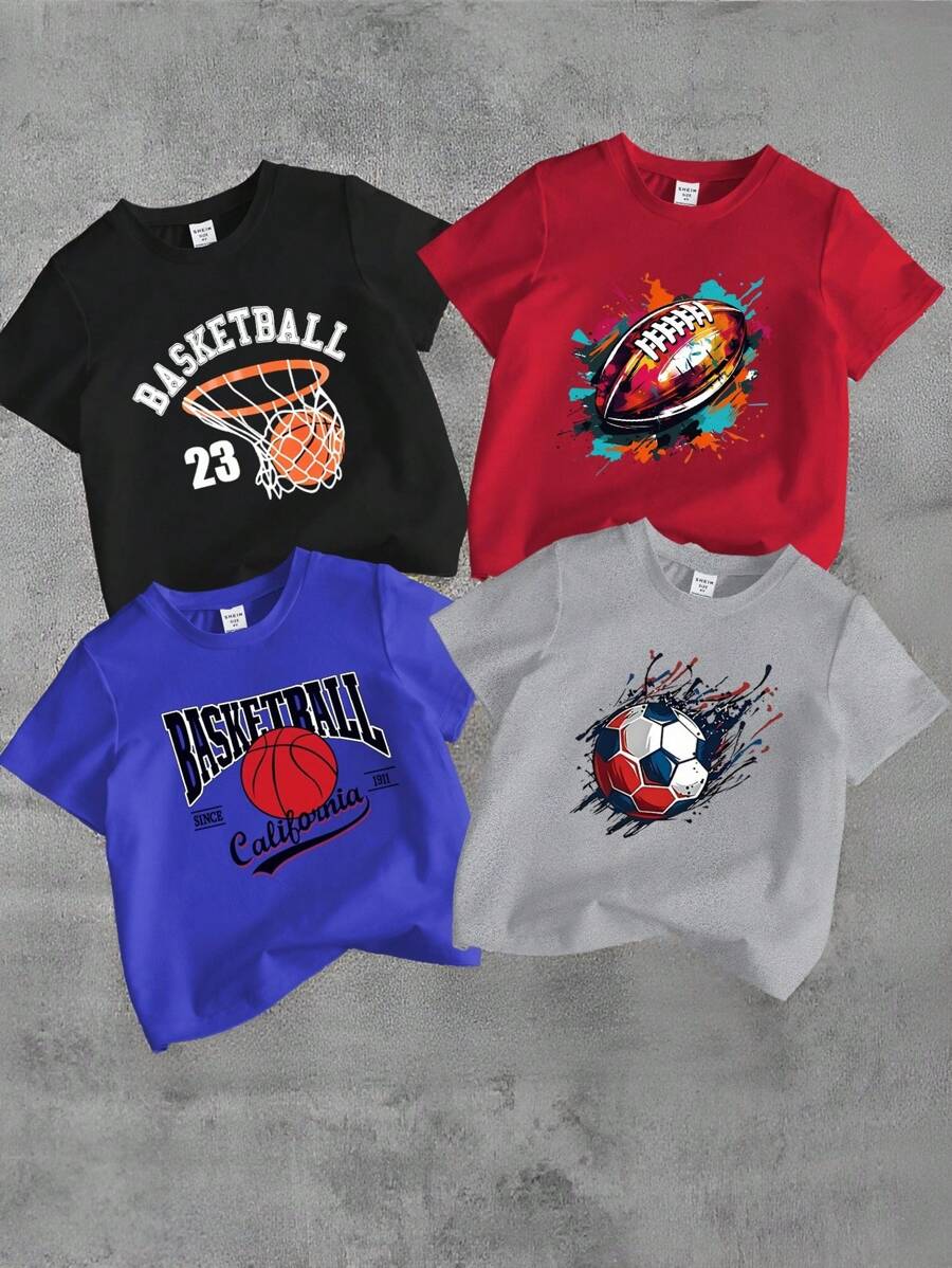 SHEIN 4 Peças Conjunto de Camisetas de Manga Curta com Gola Redonda, Estampa Gráfica de Basquete, Beisebol e Futebol, Jovem Menino, Preto/Vermelho/Azul/Cinza