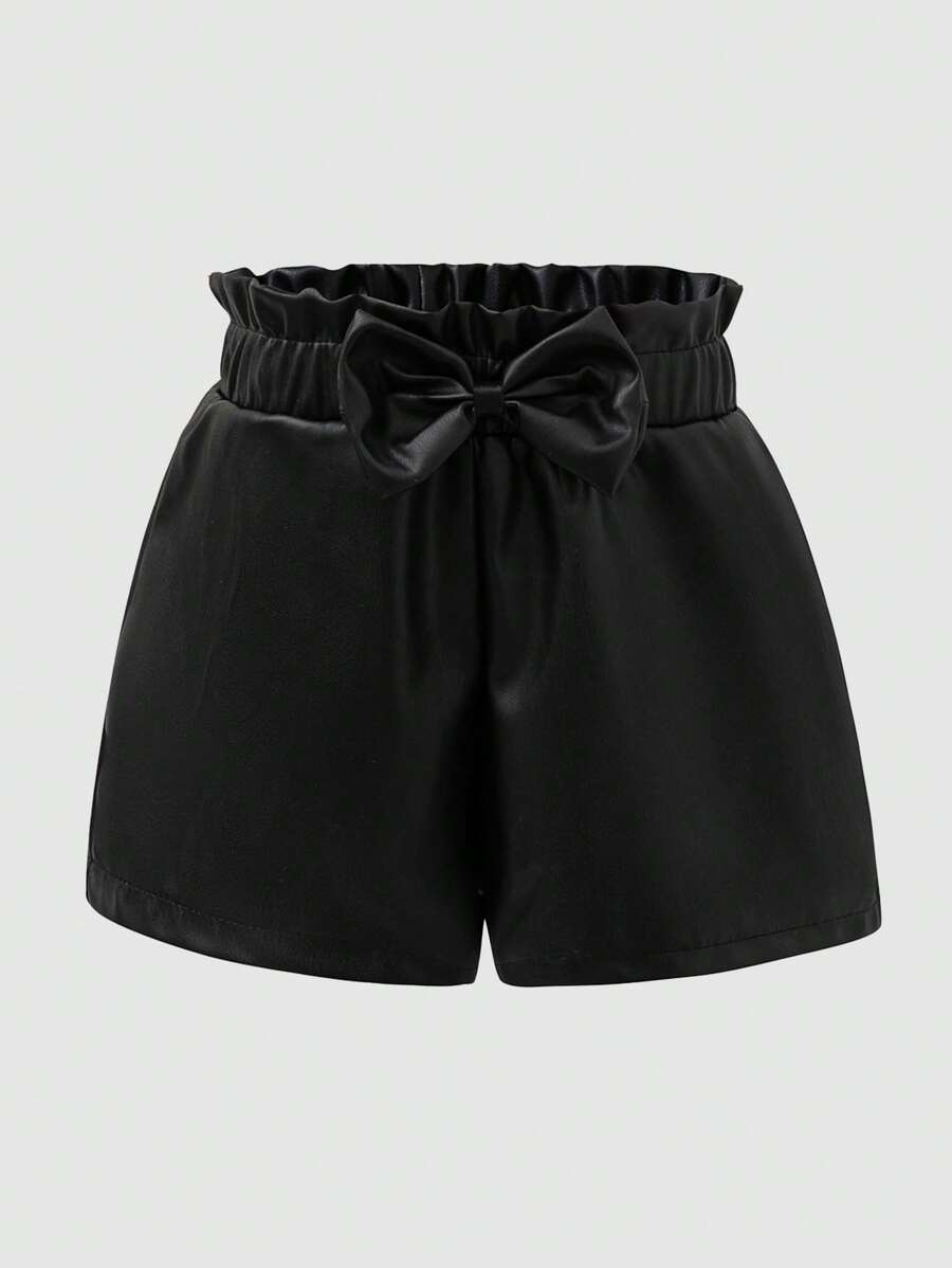 SHEIN Young Girl' All-Match Bowknot Waist PU Leather Shorts, Fashionable & Versatile, One Piece Black