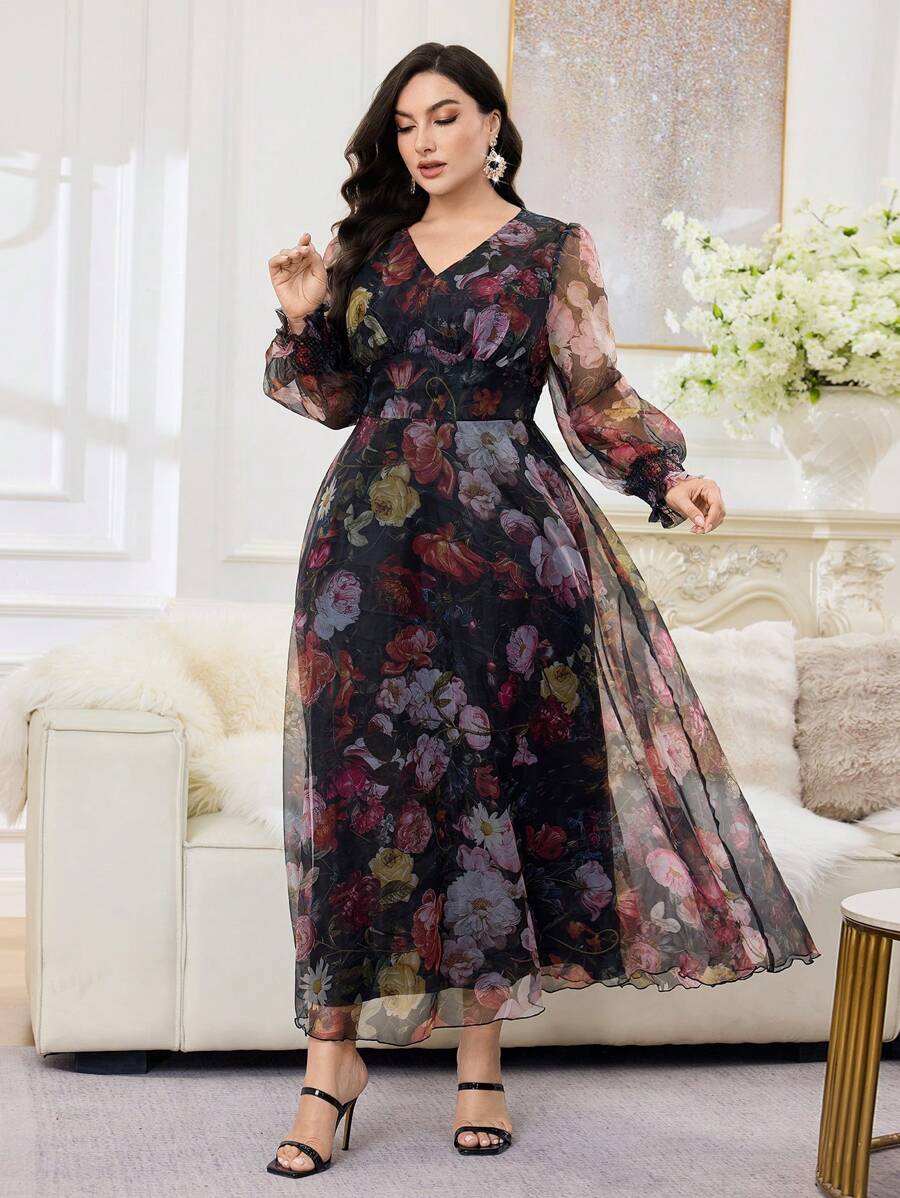 Modelyn Abito elegante taglia curvy con stampa floreale, scollo a V e maniche a lanterna