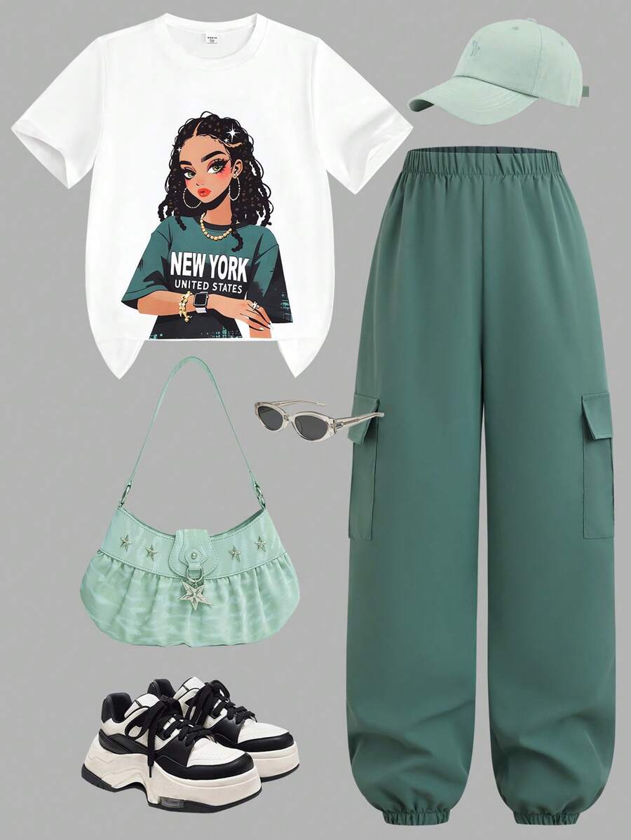 SHEIN Ensemble 2 pièces pour adolescentes, t-shirt décontracté à manches courtes et col rond avec imprimé graphique et pantalon cargo ample à poches, à la mode, pour le quotidien et l'extérieur, vert
