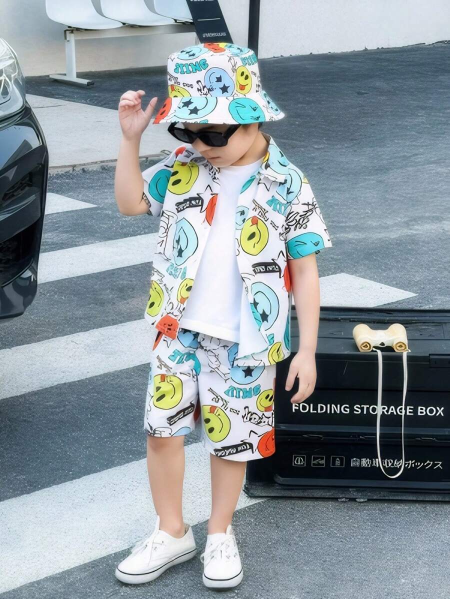 Set de 3 piezas para niños pequeños que consta de camisa de manga corta con diseño de conejo casual, pantalones cortos y sombrero de cubo. Adecuado para ropa infantil, ropa de niños pequeños, apto para uso diario, ir a la escuela, estar en casa, uso diario, usar en la escuela, viajes, deportes, y apropiado para las temporadas de primavera y verano.