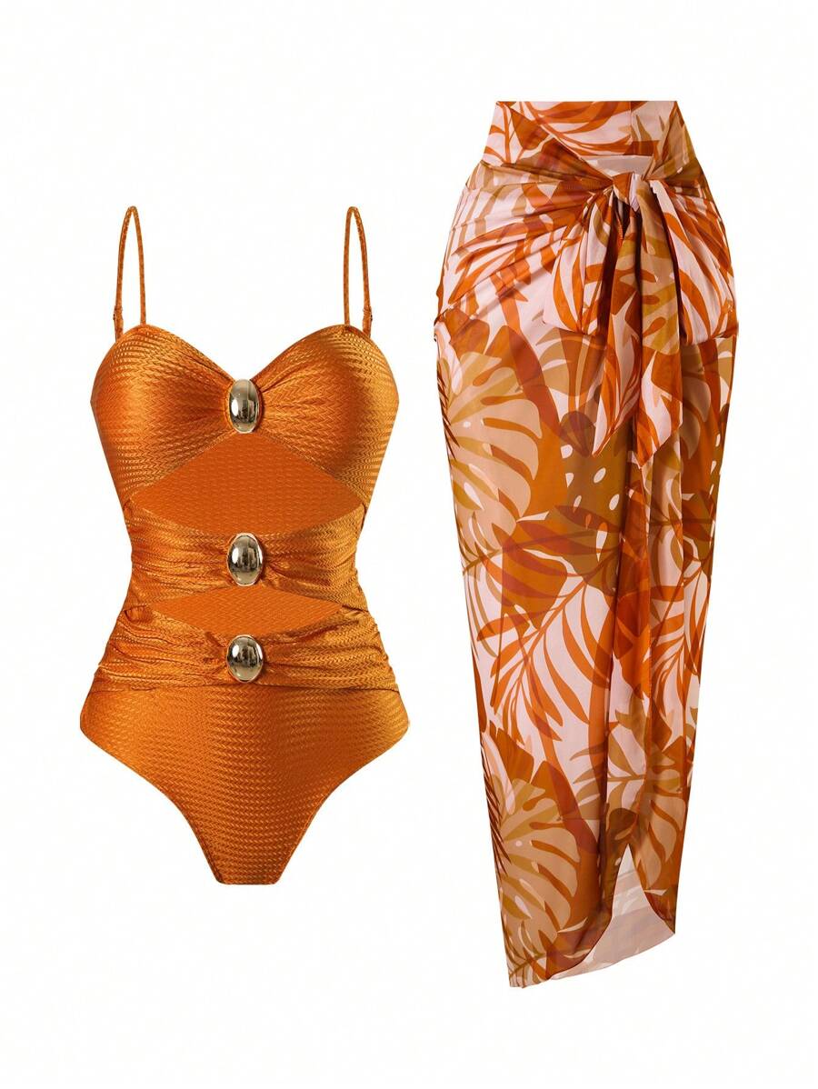 Swim Oasis 2 piezas Nuevo traje de baño de una pieza de mujer para el verano y la playa, de alta gama, con textura de unicolor, tirantes de espagueti, parches, accesorio hueco de metal y falda de malla con estampado digital tropical