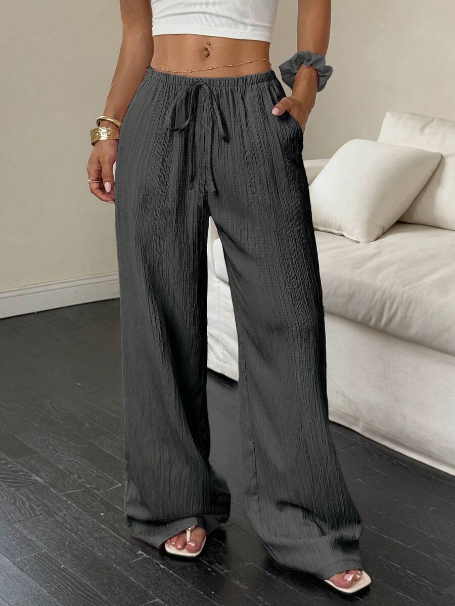 Flirla Women's Solid Color Drawstring Waist Pocket Casual Straight Leg Pants