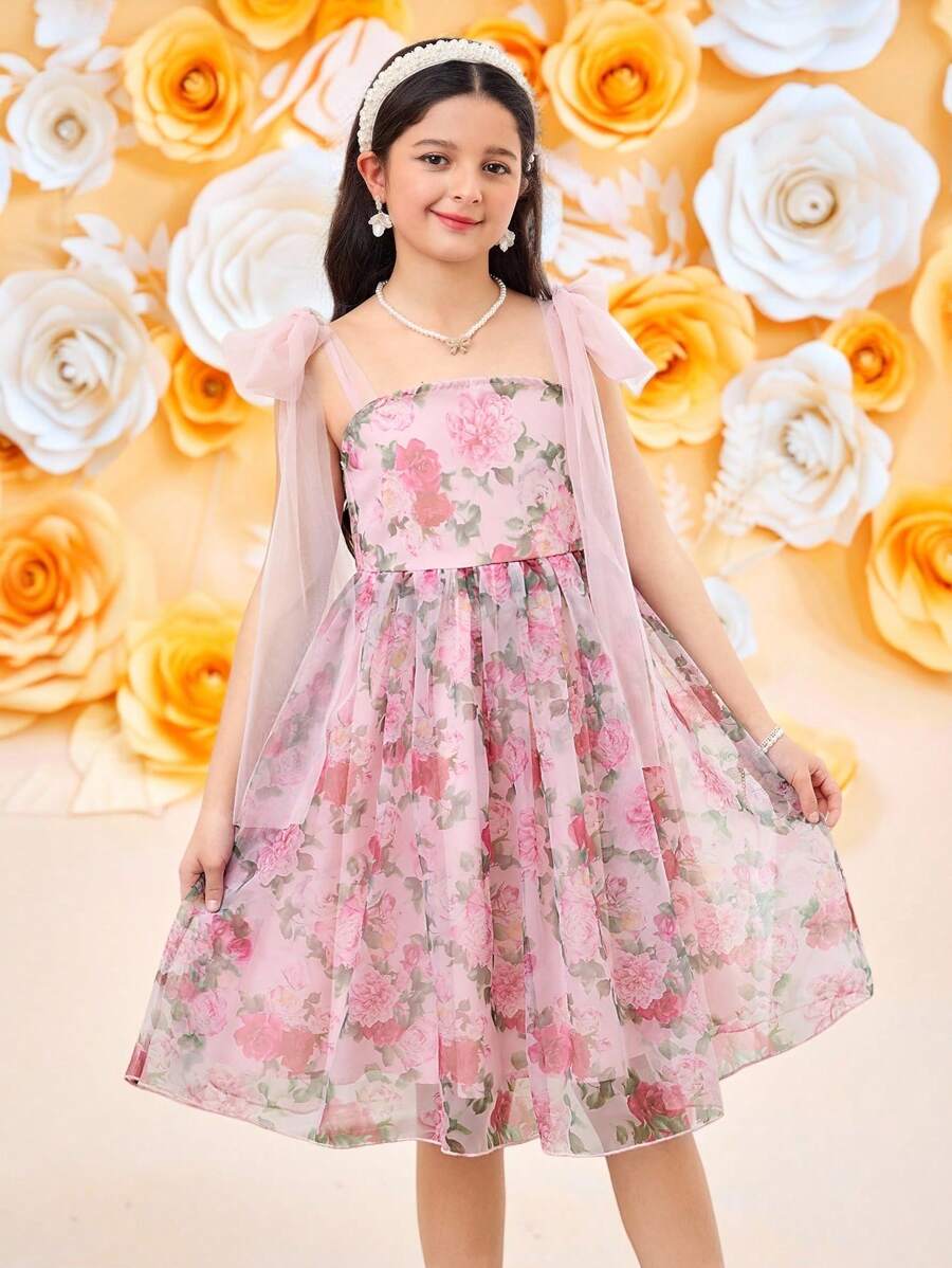 Vestido elegante con estampado floral y decoración de lazo para niñas preadolescentes